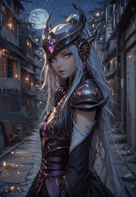 safe_pos, score_9, score_8_up, score_7_up, score_6_up, rating_explicit, score_9, score_8_up, score_7_up, in kowloon city alley, a beautiful girl yodeling, subsurface scattering, Photorealistic, Hyperrealistic, analog style, realistic, film photography, soft lighting, photo, cinematography, high resolution, 8k, syndra, white hair, purple eyes, dark_sphere, night view, full moon