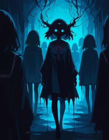 masterpiece, best quality, newest, highres, absurdres, <lora:LeIsT0_style:1>,LeIsT0_illu,Dark fantasy, surreal nightmare, glowing cyan eyes, shadowy figures, female silhouette, eerie atmosphere, deep blue tones, haunting creatures, ghostly apparitions, otherworldly beings, mysterious, ominous, digital art, stylized illustration, horror elements, dreamlike quality, ethereal lighting, unsettling mood, anime-inspired, abstract shapes