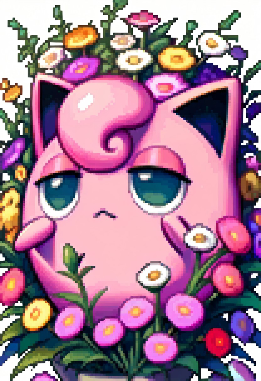 score_9, score_8_up, score_7_up,
source_anime,
BREAK 
jigglypuff_(\pokemon\), pokemon_(creature), pink body, circle body, big ears, pink hair, big eyes, green eyes,
smile,frown,
half closed eyes,
closed mouth,
BREAK 
fedsportraits, portrait, white background,
flower,