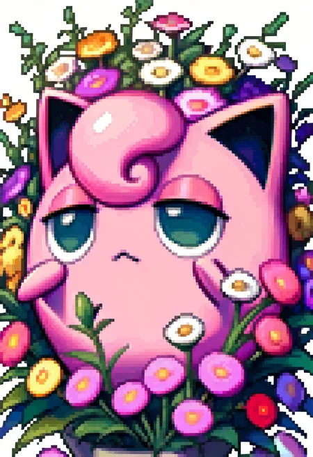 score_9, score_8_up, score_7_up,
source_anime,
BREAK
jigglypuff_(\pokemon\), pokemon_(creature), pink body, circle body, big ears, pink hair, big eyes, green eyes,
smile,frown,
half closed eyes,
closed mouth,
BREAK
fedsportraits, portrait, white background,
flower,
