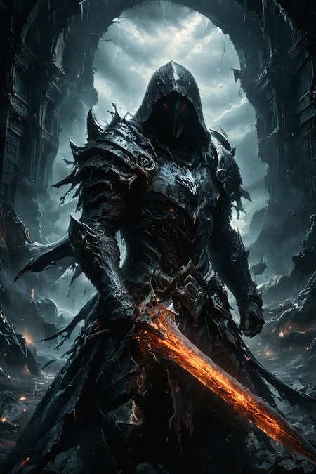 A dark and mysterious warrior stands amidst a stormy landscape, clad in tattered, hooded armor that exudes a menacing aura. The warrior holds a large, glowing blue sword crackling with energy, which illuminates the surrounding darkness. Lightning bolts strike the sky behind the figure, casting dramatic light and shadows. The rain pours down heavily, adding to the intense atmosphere. The overall scene is highly detailed, capturing the eerie and powerful presence of the warrior. The background features ruins and rocky terrain, enhancing the post-apocalyptic, fantasy setting. rain, raining, Assassin's Creed style, (fog, cloak, orange armor:1.3), 
<lora:zavy-cntrst-sdxl:0.85> dark, chiaroscuro, low-key,
<lora:WildcardX-XL-Detail-Enhancer:0.6>,
<lora:glowneon_xl_v1:0.5> glowneon, glowing, sparks,
<lora:XL_Weapon_Sword_-_By_HailoKnight_2:0.6> Wielding sword,
<lora:The_Dark_Side_Of_The_Future:0.6>,