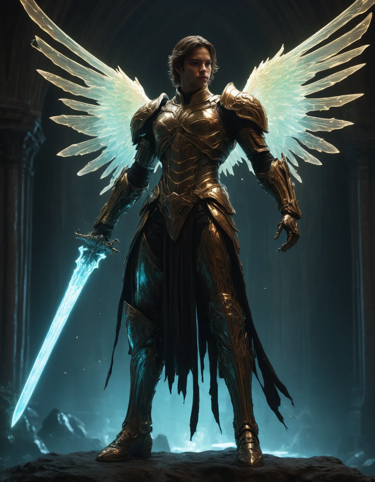 artiangel, full body view, (angelic, gothic, glowing, translucent, bioluminescent, imposing, ethereal, armored:1.5), holding a huge glowing sword, poster art, bold lines, hyper detailed, expressive, award winning, (movie still:1.4), (professional, finest details, masterpiece, best quality:1.5), looking at viewer, dynamic pose, wide angle view
<lora:artiangel:0.5>