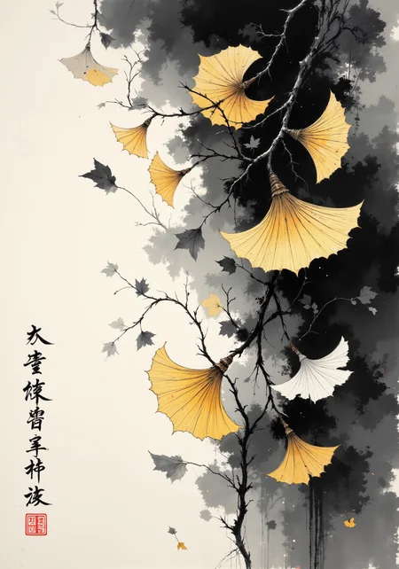 Poetic sumi-e with meticulously rendered gingko leaves cascading across washi paper, embodying the concept of mono no aware. The traditional ink wash technique creates a gradient from deep black to misty gray, with negative space suggesting autumn wind. Gold leaf accents catch imaginary light, while asymmetrical composition draws the eye through bold brush strokes and delicate detailing. Minimal red seal marks anchor the lower corner, balanced by calligraphic kanji suggesting impermanence. The scattered leaves display deliberate imperfections celebrating wabi-sabi principles, some rendered with a single masterful brushstroke, others with textural dry-brush technique. Subtle indigo undertones evoke twilight transitioning to evening, capturing the melancholic beauty of nature's transitional moments through the philosophical lens of yugen. <lora:aidmaFLUXPro1.1-FLUX-v0.3:0.7> <lora:ck-charcoal-drawing-000014:0.5> <lora:Niji B:0.7> <lora:bm-goth_epoch_1:0.3> <lora:flux_ptchkrawk:0.1> <lora:flux_dev:1>