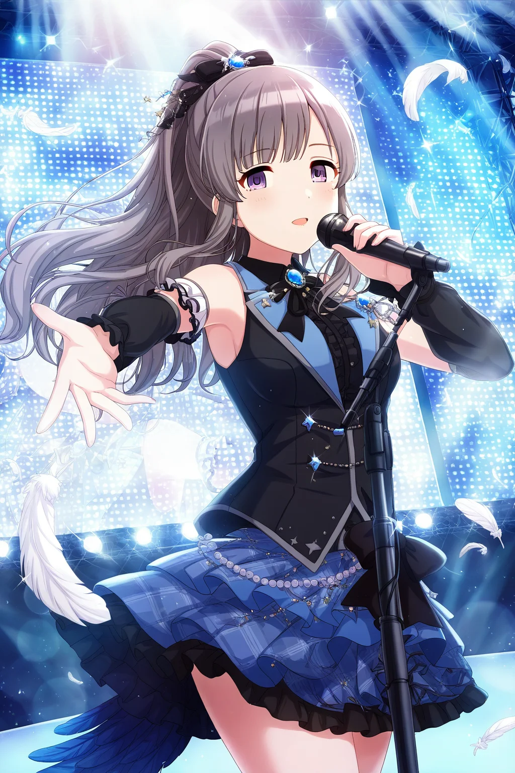 <lora:YukokuKiriko:0.8>, Yukoku Kiriko, 1girl, microphone, holding, open mouth, detached sleeves, looking at viewer, skirt, solo, stage, holding microphone, blue skirt, shirt, sleeveless, hair ornament, brooch, microphone stand, star \(symbol\), singing, bow, sparkle, music, screen, frills, sleeveless shirt, stage lights, bare shoulders, idol, neck ribbon, black shirt, ribbon, plaid skirt, vest, black bow, collared shirt, plaid, gem, black ribbon, breasts, idol clothes, feathers, ponytail