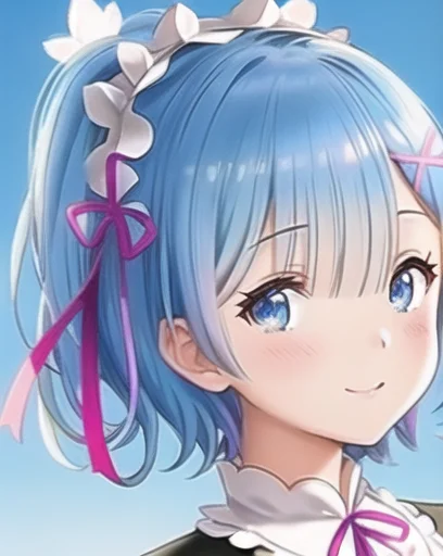 Rem3-2300:0.6,  rem,re:zero,highres,(masterpiece_1.0),(white background),(re:zero style),(anime style),(best quality_1.0),(profile shot),looking at viewer,(face),close up,smiling,perspective from front