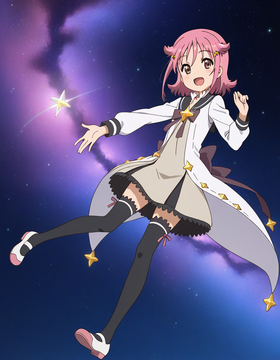 general,highres, ultra-detailed,very aesthetic,best quality ,best hands,  BREAK <lora:Subaru_Houkago_no_Pleiades_IS:1>subaru(Pleiades), 1girl, pink hair, short hair, brown eyes, star hair ornament, anime coloring,
 solo, school uniform, star (symbol), thighhighs, star (sky), smile, open mouth, hairclip, pink eyes, space, shoes, black thighhighs, dress, sky, zettai ryouiki, :d
galaxy, star,