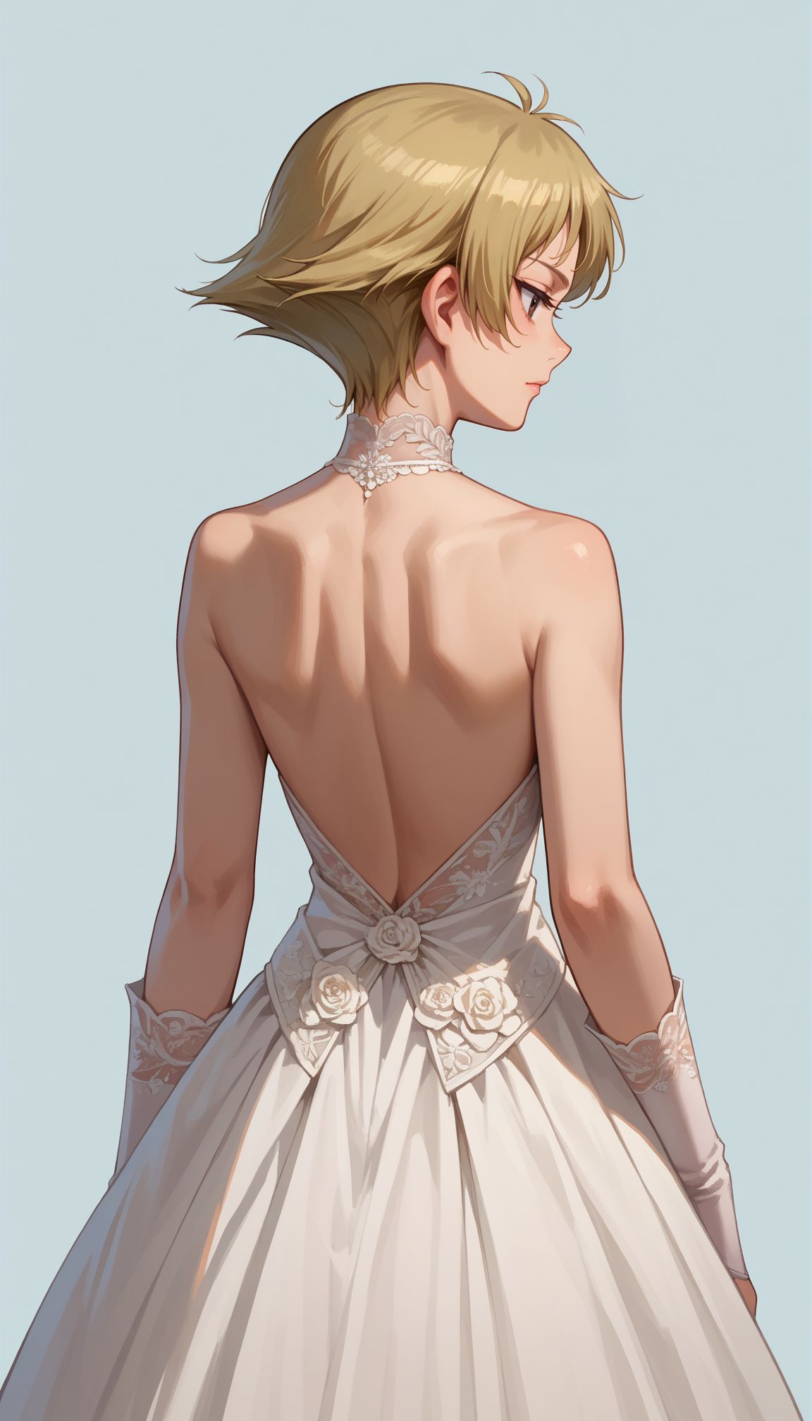 score_9, score_8_up, score_7_up, score_6_up, , solo,  
 <lora:GUPErwin:0.8> erwin (girls und panzer), 1girl, short hair, blonde hair, pointy hair, brown eyes, backless dress, bridal gauntlets, from behind, back, nape, strapless dress, wedding dress, white dress, simple background,