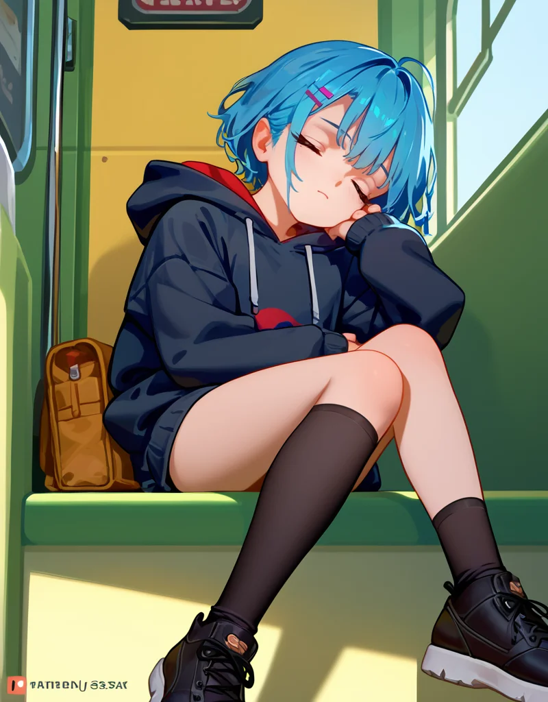 zPDXL2, <lora:as109V1:1>, as109,
1girl, cute face, closed eyes, long blue hair, black hoodie, black leggings, black shoes, sitting in a train, sleeping, viewed from front