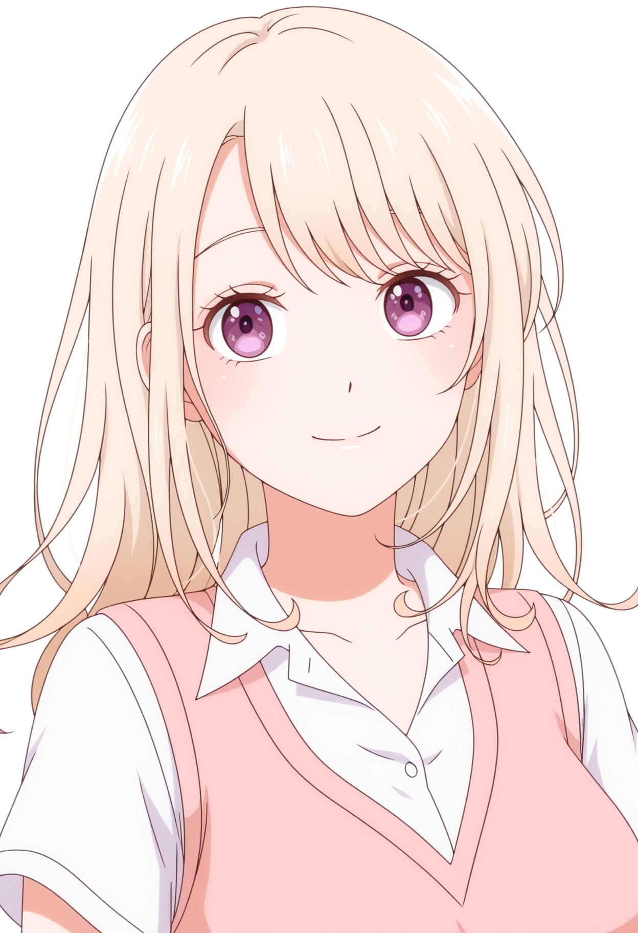 (HY)_CJ,pink sweater vest,smile,long hair,blonde hair,white shirt,collared shirt,upper body,closed mouth,looking at viewer,purple eyes,<lora:Mona KAWAII_illustrious-000030:1>,white_background,simple_background,solo
