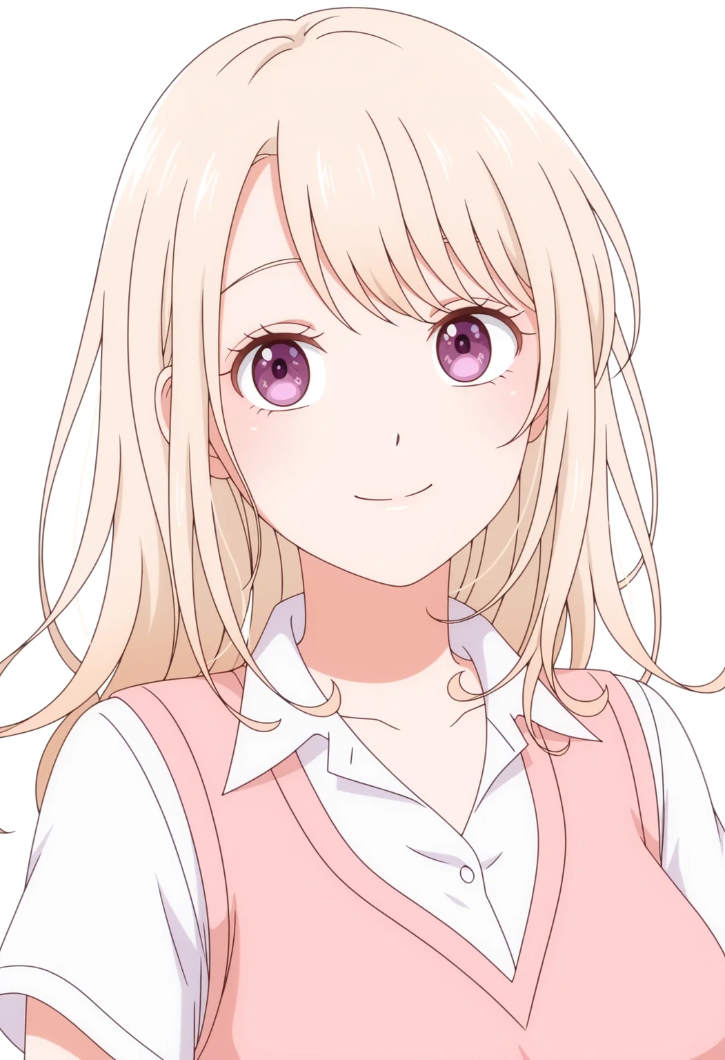 (HY)_CJ,pink sweater vest,smile,long hair,blonde hair,white shirt,collared shirt,upper body,closed mouth,looking at viewer,purple eyes,<lora:Mona KAWAII_illustrious-000030:1>,white_background,simple_background,solo