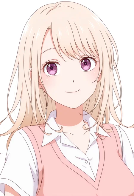 (HY)_CJ,pink sweater vest,smile,long hair,blonde hair,white shirt,collared shirt,upper body,closed mouth,looking at viewer,purple eyes,<lora:Mona KAWAII_illustrious-000030:1>,white_background,simple_background,solo