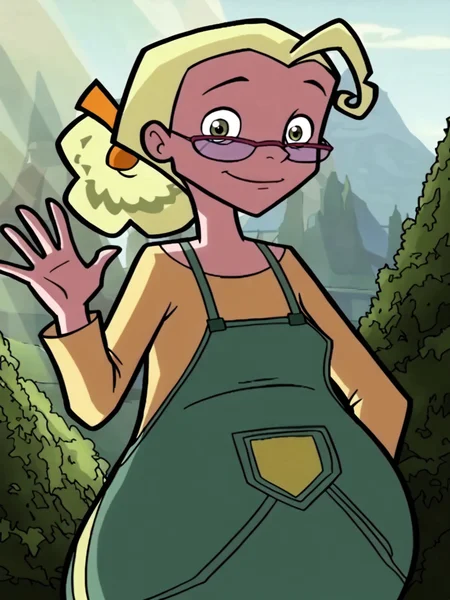 (masterpiece,best quality,newest,absurdres,highres), J0l1e, 1girl, solo, blonde hair, long hair, glasses, apron, overalls, yellow shirt, pregnant, outdoor, smile, upper body, raise left arm, day, outdoor, waving, looking at viewer, sunlight, shadows, natural lighting, sunlight, light particles, light rays, sunbeam, dappled sunlight <lora:Julie_Potato_IllustriousXL:1>
