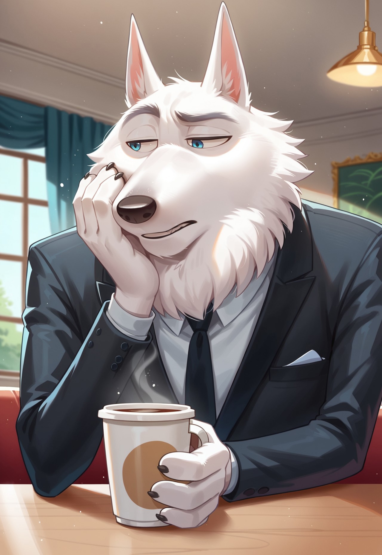 score_9, score_8_up, score_7_up, score_6_up, hi res, highly detailed, masterpiece, inside cafe, blurred background, particles, sitting by table, JimmyCrystal, Blue Eyes, Black Tie, Black Suit, Arctic Wolf, White Fur, solo, male, anthro, looking below, half closed eyes, looking away, holding coffee cup, hand on face