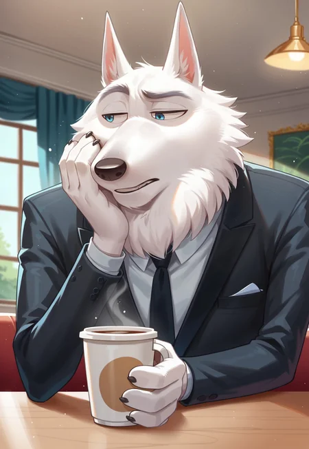 score_9, score_8_up, score_7_up, score_6_up, hi res, highly detailed, masterpiece, inside cafe, blurred background, particles, sitting by table, JimmyCrystal, Blue Eyes, Black Tie, Black Suit, Arctic Wolf, White Fur, solo, male, anthro, looking below, half closed eyes, looking away, holding coffee cup, hand on face