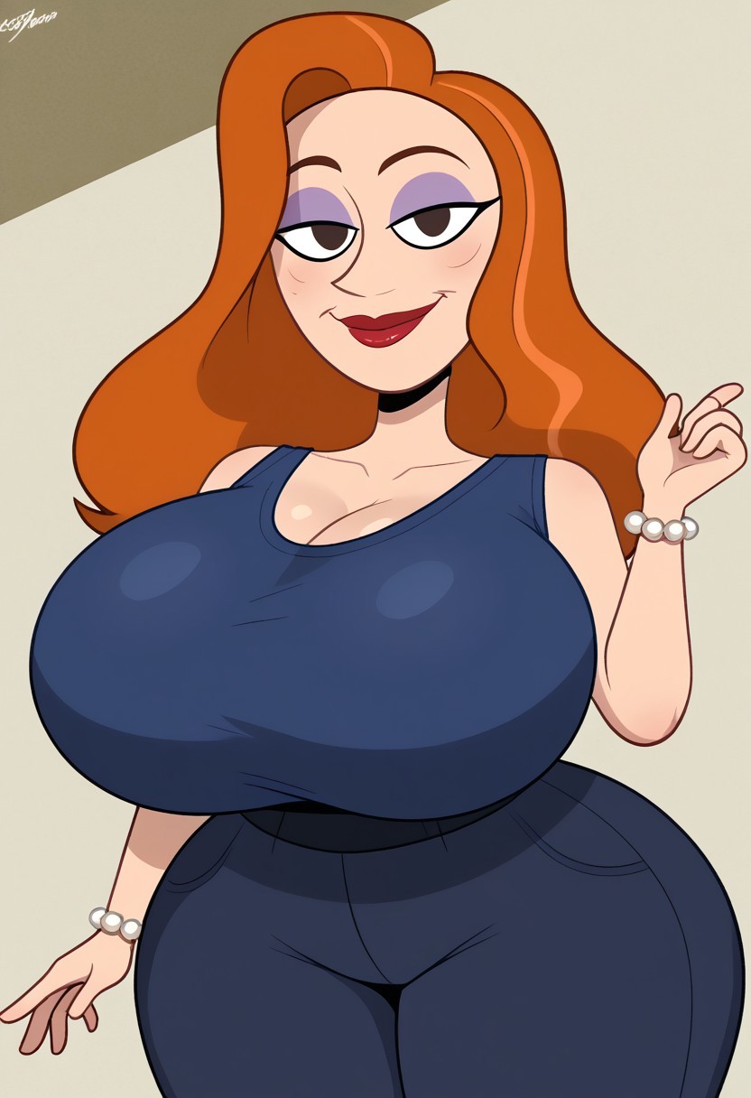 solo,Dorothea Davenport from TGAMM,brown dot eyes,cheekbone,orange hair,long hair,blue shirt,blue pants,purple eyeshadow,red lipstick,hyper breasts,round breasts,fake breasts,breasts implants,small waist,huge hips,looking at viewer,smile,closed mouth,pearl bracelet