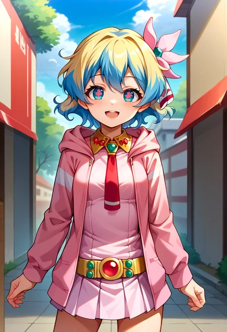 score_9, score_7_up, source_anime, BREAK blue sky, open mouth, :o, smile, facing away, standing, <lora:NiaS1:1> nias1, 1girl, blue eyes, symbol-shaped pupils, short hair, blonde hair, blue hair, two-tone hair, small breasts,
skirt, hair ornament, Pink dress, jewelry, hair flower, red necktie, belt, pink hoodie, open hoodie,