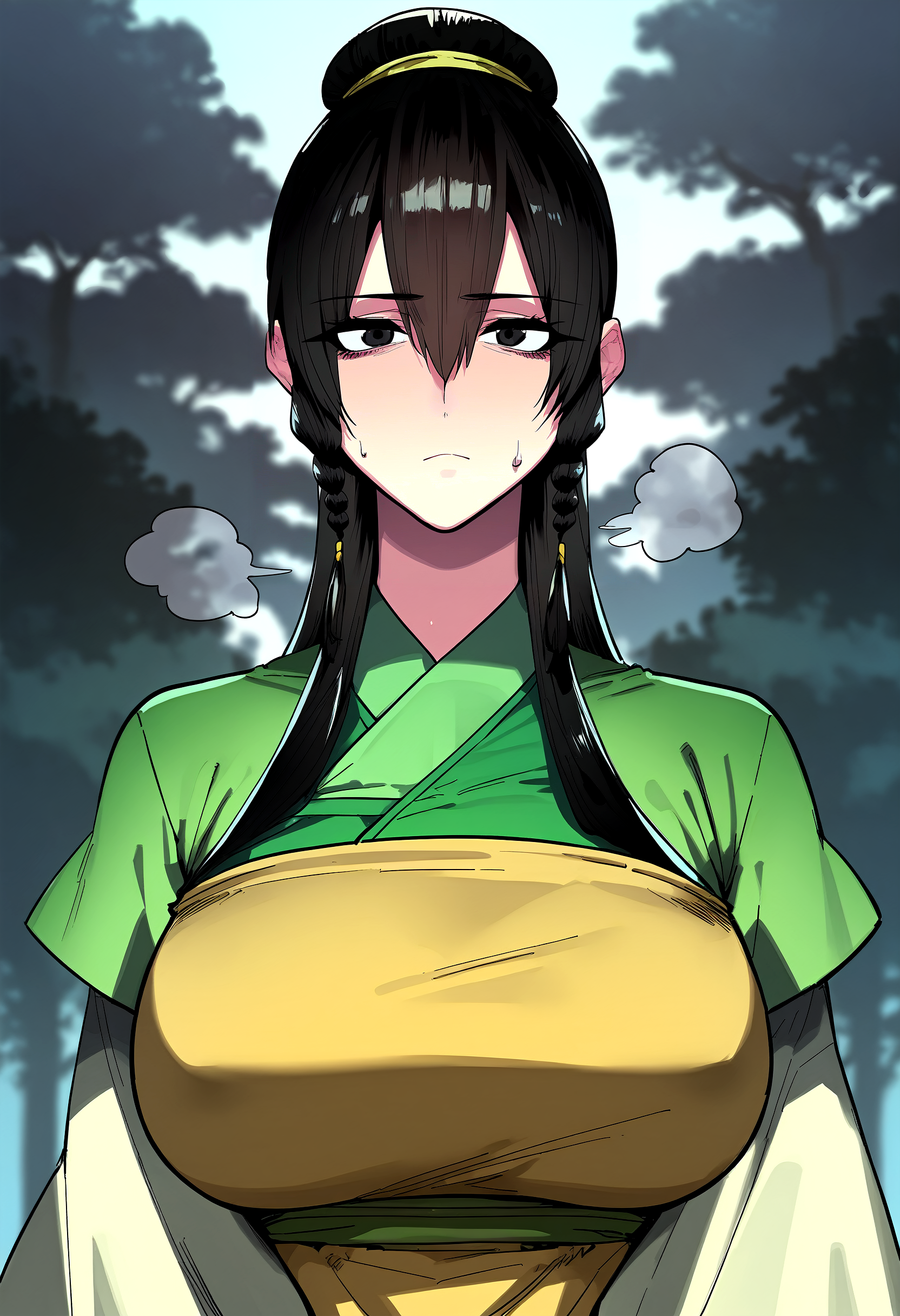 score_9, score_8_up, score_7_up, score_6_up, source_anime, rating_explicit, <lora:neg4all_bdsqlsz_V3.5:2.0>1girl, (solo:1.1), huge breasts, <lora:Jegal Suranponyxl:1> long hair, black hair, black eyes, hair between eyes, hair bun, braid, short over long sleeves, chinese clothes, layered sleeves, apron, expressionless, Narrow shoulders, heavy breathing, sweat, steaming body, forest, outdoor, looking at viewer