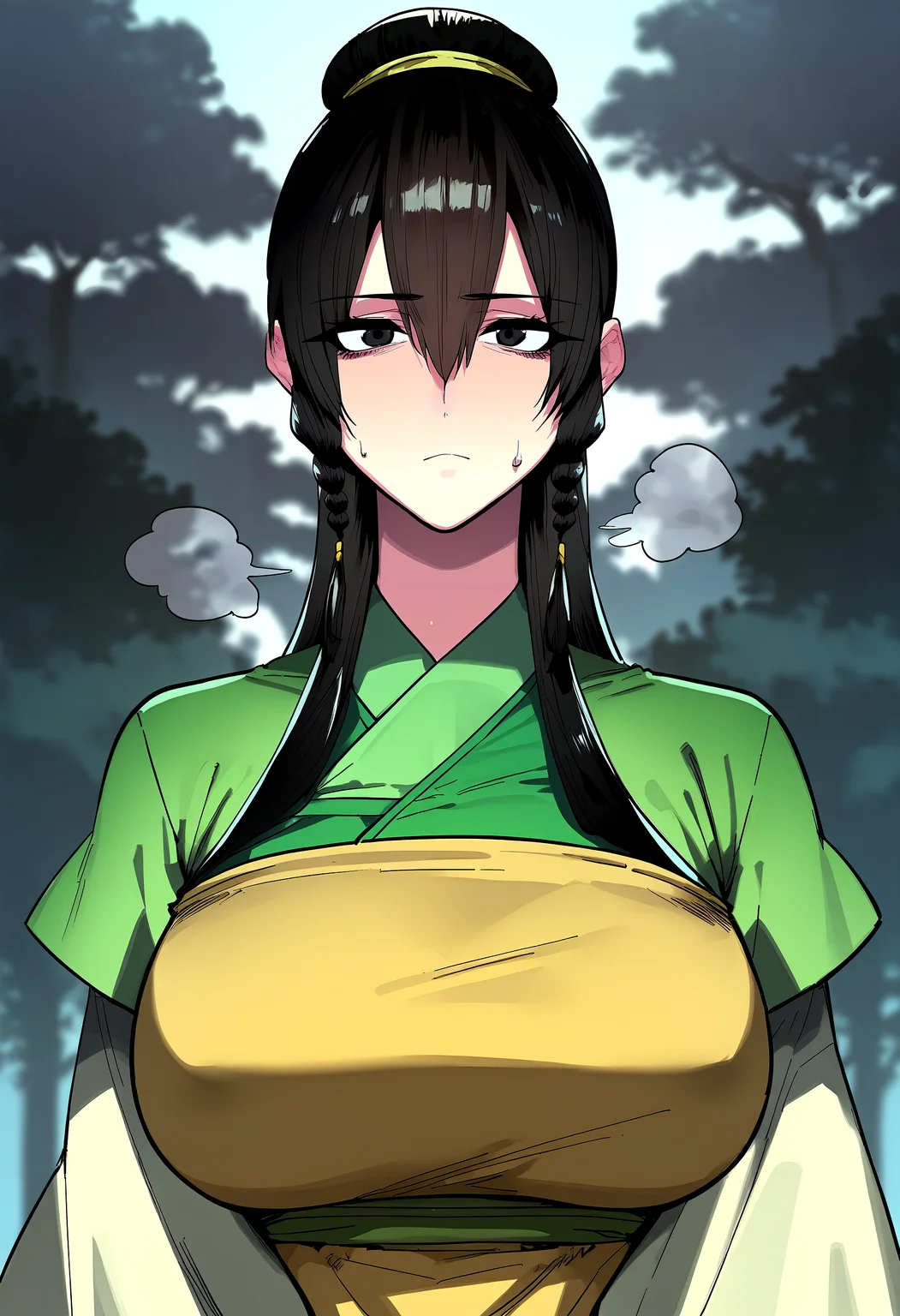 score_9, score_8_up, score_7_up, score_6_up, source_anime, rating_explicit, <lora:neg4all_bdsqlsz_V3.5:2.0>1girl, (solo:1.1), huge breasts, <lora:Jegal Suranponyxl:1> long hair, black hair, black eyes, hair between eyes, hair bun, braid, short over long sleeves, chinese clothes, layered sleeves, apron, expressionless, Narrow shoulders, heavy breathing, sweat, steaming body, forest, outdoor, looking at viewer