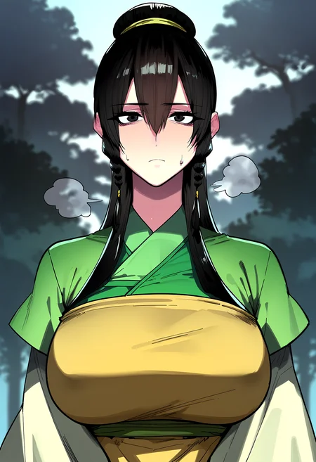 score_9, score_8_up, score_7_up, score_6_up, source_anime, rating_explicit, <lora:neg4all_bdsqlsz_V3.5:2.0>1girl, (solo:1.1), huge breasts, <lora:Jegal Suranponyxl:1> long hair, black hair, black eyes, hair between eyes, hair bun, braid, short over long sleeves, chinese clothes, layered sleeves, apron, expressionless, Narrow shoulders, heavy breathing, sweat, steaming body, forest, outdoor, looking at viewer