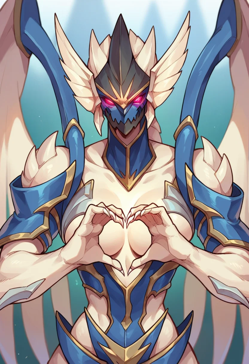 score_9, score_8_up, score_8, source_anime, source_furry, 1girl, <lora:SoulSaverDragon:0.9> no humans, claws, helmet, breasts, wings, shoulder armor, glowing eyes, colored sclera, heart hands,
simple background, blurry background,