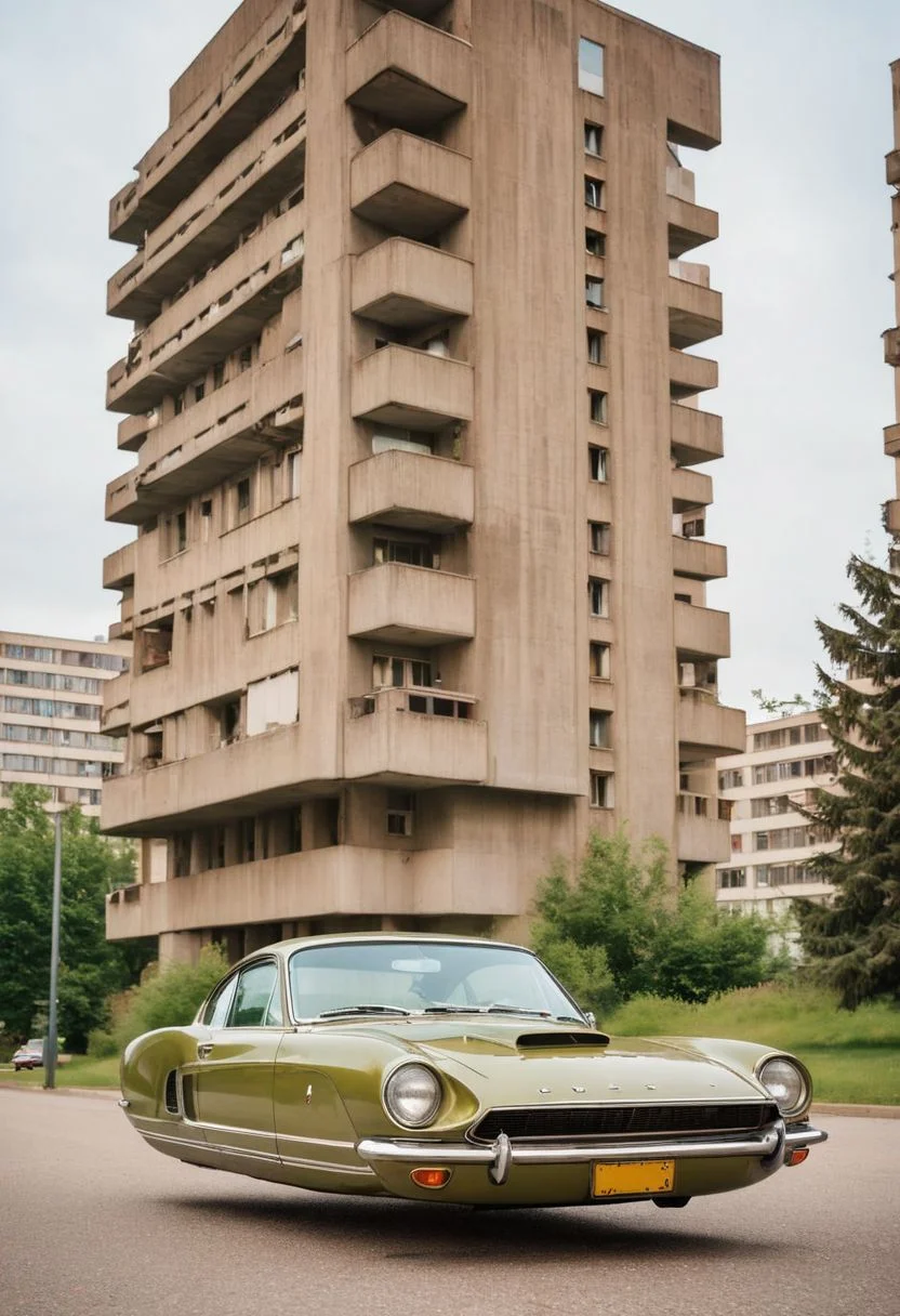 (low angle shot:1.4), an editorial photo of a 1960s (Mustang:0.6) and (Porsche:0.8) style Hovering_Car parked in front of a Soviet Brutalist style building like the Aul housing complex, highly detailed, retro futurism, clean lines, fine art photography, award winning photography, film grain,