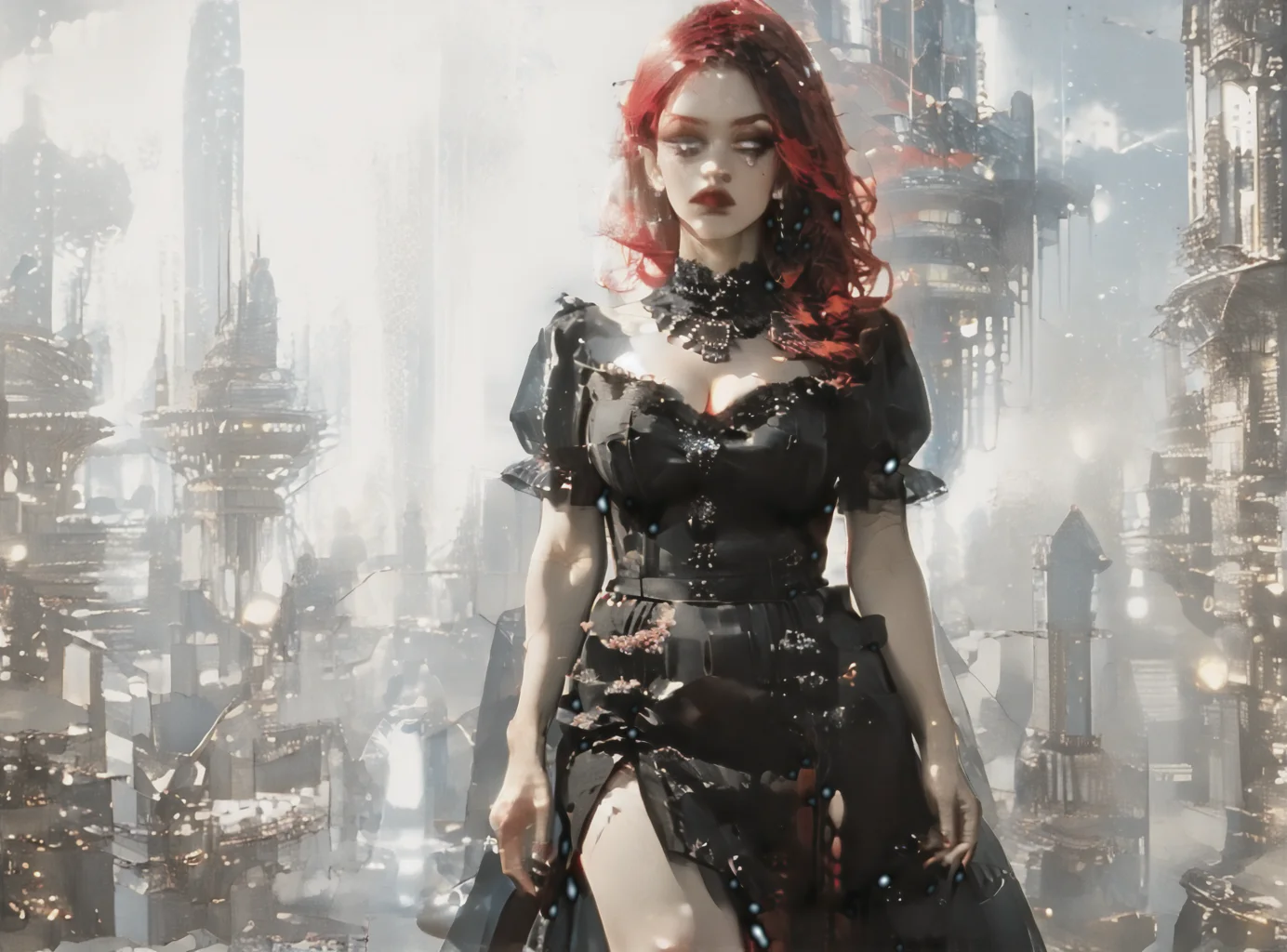 score_9, score_8_up, score_7_up, full body image, environment interaction, walking, woman, pale skin, huge breasts, <lora:sm0k3XLP:1>, <lora:goth_clothes:1>, goth dress, gothic, black dress, detailed dress, black high heeled shoes, crimson red hair, black highlights, <lora:gokurakugai_pony_v1_mx:1>, <lora:futuristic_city:1> futuristic-city,