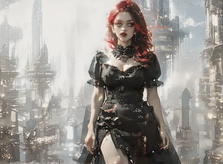 score_9, score_8_up, score_7_up, full body image, environment interaction, walking, woman, pale skin, huge breasts, <lora:sm0k3XLP:1>, <lora:goth_clothes:1>, goth dress, gothic, black dress, detailed dress, black high heeled shoes, crimson red hair, black highlights, <lora:gokurakugai_pony_v1_mx:1>, <lora:futuristic_city:1> futuristic-city,
