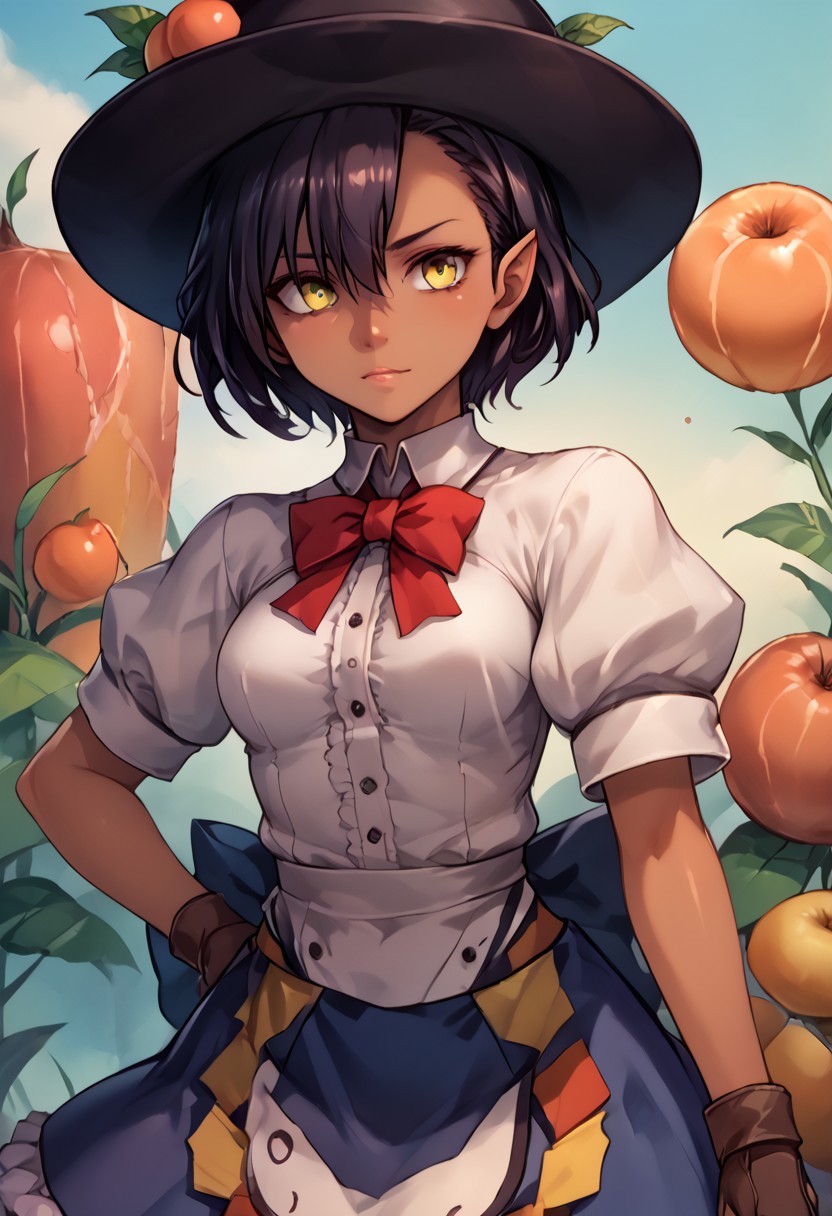 score_9, score_8_up, score_7_up, score_6_up, score_5_up, score_4_up, source_anime, , (best quality) , (highly detailed) , (best quality) , (highly detailed) ,((masterpiece)), ((best quality)), (ultra-detailed), ((extremely detailed)), (high resolution), 4K, (8K), best quality, (beautiful), (dynamic lighting), (super detailed skin), sharp focus, (1_girl, solo focus), shiny skin, masterpiece ,absurdres ,detailed face ,beautiful face ,<lora:lucaKuroinuV1:0.9> LucaKuroinu, short hair, bangs, black hair, medium breasts, yellow eyes, pointy ears, dark skin, hair over one eye, dark-skinned female, dark elf, 
 skirt, shirt, hat, bow, white shirt, short sleeves, boots, frills, food, puffy sleeves, bowtie, apron, puffy short sleeves, blue skirt, black headwear, fruit, leaf, brown footwear, frilled skirt, cross-laced footwear, peach,
(portrait, upper body), OverallDetail