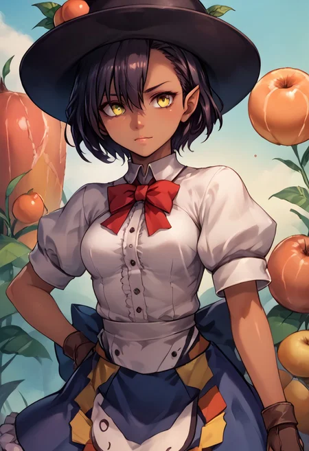 score_9, score_8_up, score_7_up, score_6_up, score_5_up, score_4_up, source_anime, , (best quality) , (highly detailed) , (best quality) , (highly detailed) ,((masterpiece)), ((best quality)), (ultra-detailed), ((extremely detailed)), (high resolution), 4K, (8K), best quality, (beautiful), (dynamic lighting), (super detailed skin), sharp focus, (1_girl, solo focus), shiny skin, masterpiece ,absurdres ,detailed face ,beautiful face ,<lora:lucaKuroinuV1:0.9> LucaKuroinu, short hair, bangs, black hair, medium breasts, yellow eyes, pointy ears, dark skin, hair over one eye, dark-skinned female, dark elf, 
 skirt, shirt, hat, bow, white shirt, short sleeves, boots, frills, food, puffy sleeves, bowtie, apron, puffy short sleeves, blue skirt, black headwear, fruit, leaf, brown footwear, frilled skirt, cross-laced footwear, peach,
(portrait, upper body), OverallDetail