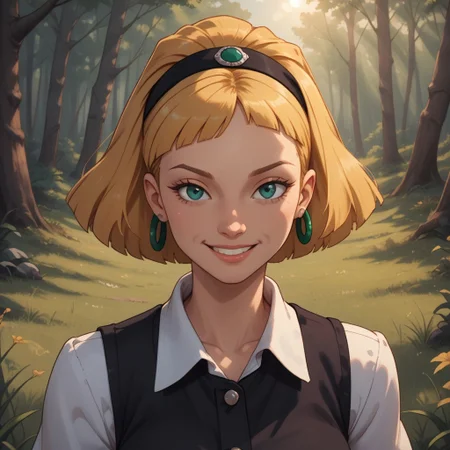 score_9, score_8, BREAK, solo, Olga_Pataki_(Hey_Arnold), blonde hair, bobbed flip hairstyle, black headband, midriff-baring white long-sleeved shirt with a black vest over it, green plaid skirt, emerald hoop earrings, brown boots, white knee socks, self portrait, smile, looking at viewer, outdoors, sunlight, shadows, evening lighting, natural lighting, forest, trees, grass, orange sky, sunset