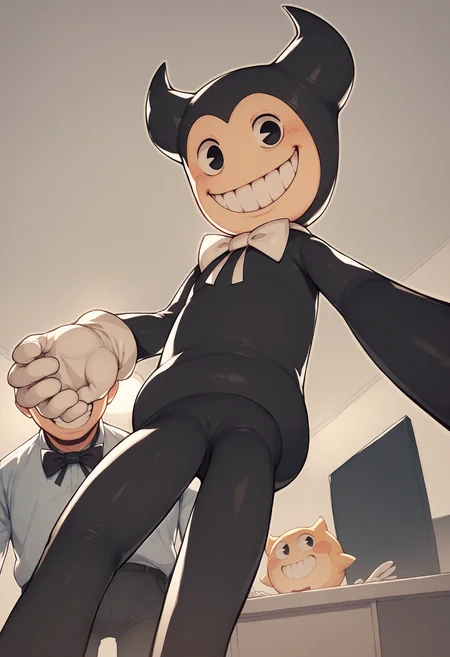 <lora:ollie_PDXL_Mlaofmd-09:1.0> score_9, score_8_up, score_7_up, 1boy, ollie, bendy the dancing demon, black skin, 2 horns, black eyes, smile, grin, bow tie, gloves, darkroom, office, from below, low-angle view,