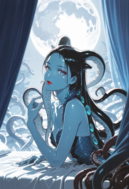 (high_quality, newest, incredibly_absurdres, very aesthetic, zbrush_\(artwork\), depth_of_field, grainy_texture, digital_painting_\(artwork\), vignetting, flat_colors, anime_coloring)
(MMC-Illu, shiny_skin, 1girl, solo, blue tentacle hair, looking at viewer, upper body, lips, monster girl, slit_pupils, tentacles, closed mouth, makeup, red lips, lipstick, collarbone, blue_skin, blue_scales, two_tone_scales, wet, wet_skin, long fingernails, aqua eyes, high heels, long hair, bed, monochrome, tentacles, curtains, outdoors, from side, film grain, moon)