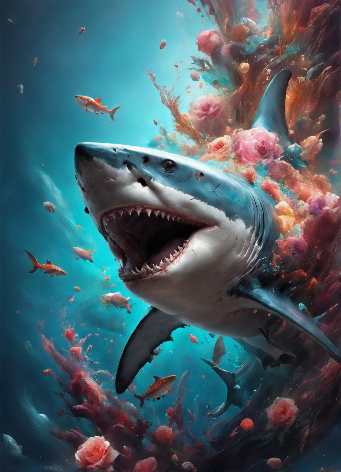 ((masterpiece)), (best quality), official art,  ultra detailed,shark,full body <lora:betmd:1.1>,in the style of betmd,magical,fantasy,roses