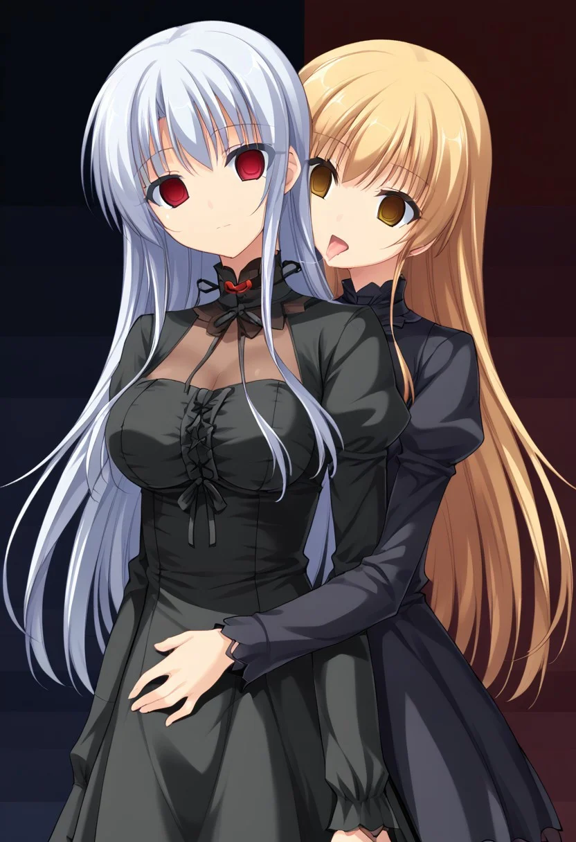 anime, empty eyes, hypnotized, blank stare, expressionless, two girls, adult, close up, long hair, dress, hugging, hug from behind, licking neck, saliva string, arched back, glowing eyes, eye highlight, darkness, dark room, dim, no light