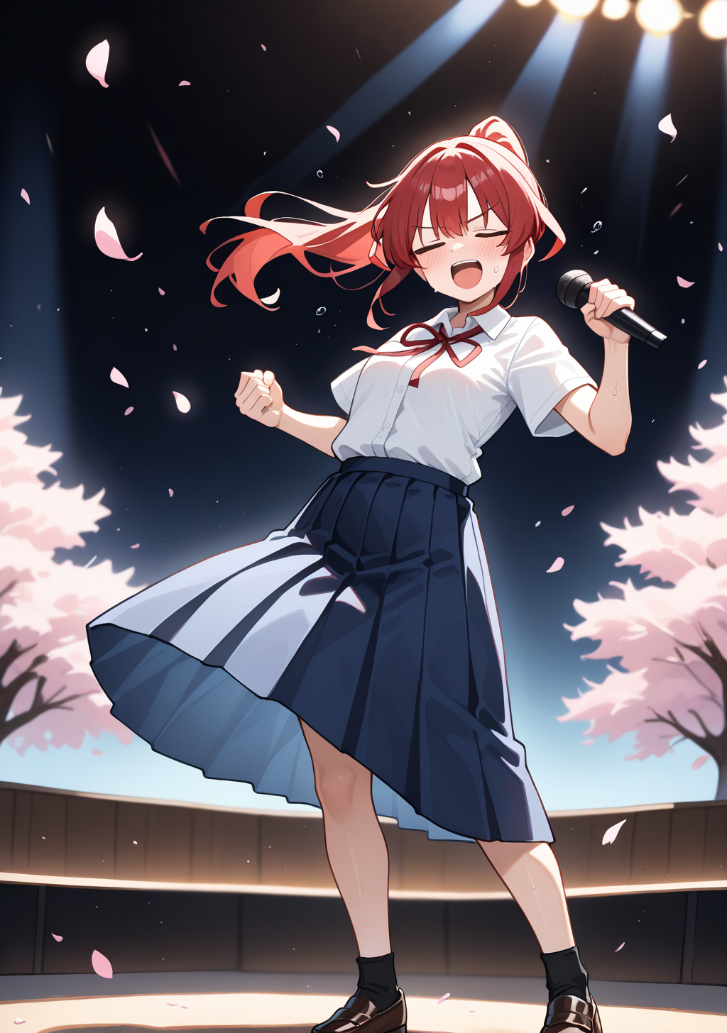 masterpiece, best quality, absurdres, perfect lighting,shiny skin,<lora:spo_sdxl_10ep_4k-data_lora_webui:0.7>,1girl,hiroe,red hair,ponytail,bangs,red eyes,tareme,<lora:hiroe_illu:1>,white shirt,collared shirt,short sleeves,blue skirt,pleated skirt,long skirt, school uniform,red neck ribbon,black socks,loafers,singing,holding microphone, looking down,head down,fist,open mouth,sweatdrop,sweat,blush,cherry blossoms, wing,floating hair,enthusiastic singing,closed eyes,