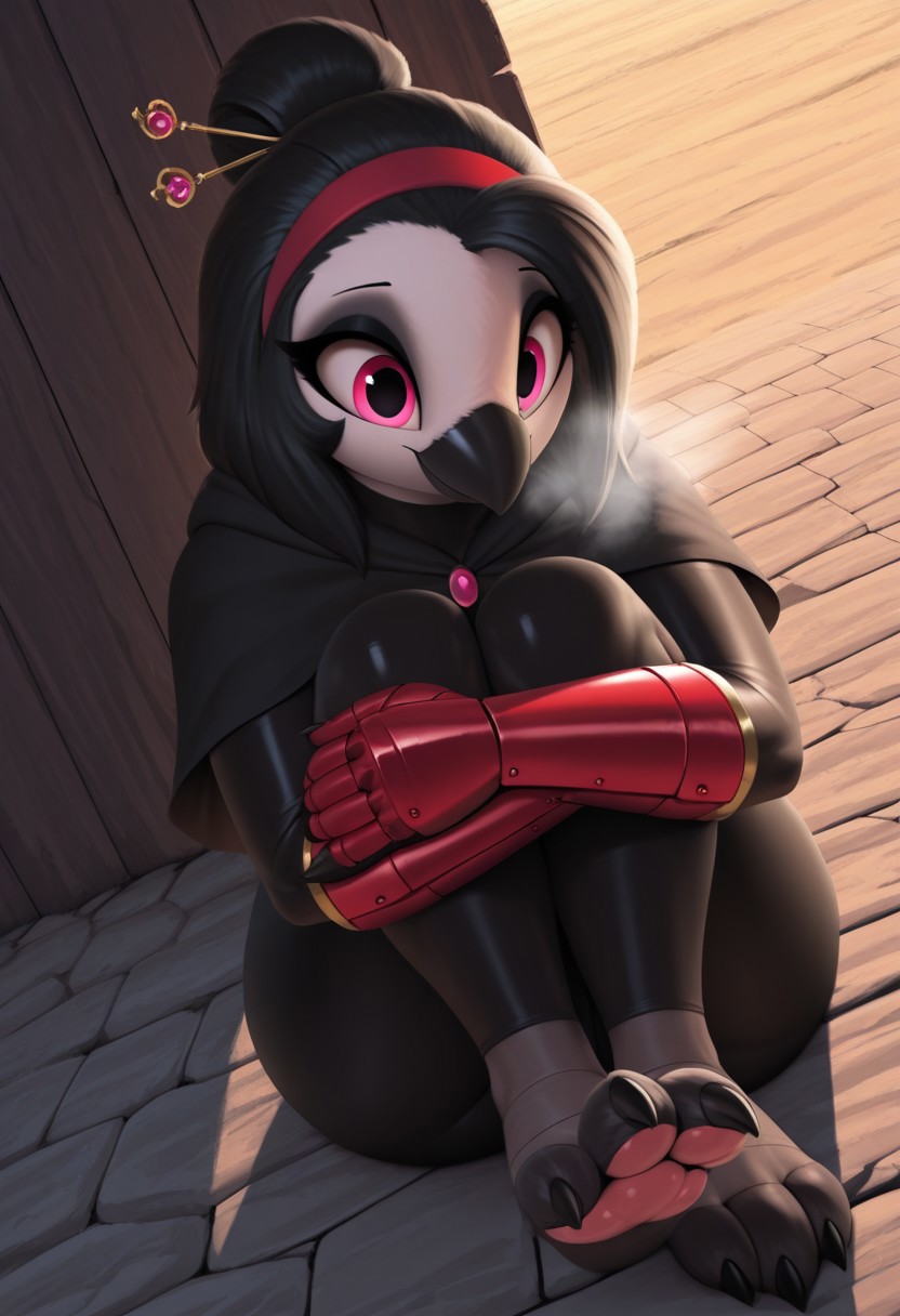 thousandfoldfeathers,  outdoors, undershirt, falling feathers, black bodysuit, hair stick, hugging own legs, , gauntlets,   eyeshadow,   red gloves, black capelet, red hairband, pink eyes, medium hair, black hair, 1girl, solo,  dynamic angle, foreshortening, furry, furry female, anthro, paws, claws, pawpads, steam, smell, visible, breath