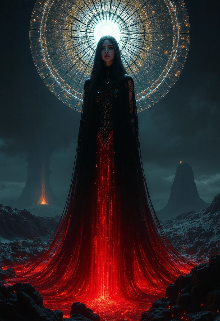 Exiled celestial queen, a vision of sorrow and ethereal beauty. Cowl of darkness shrouds her face, revealing only eyes reflecting the sadness of dying stars, crimson lips whispering a forgotten dream. Gown of data streams flows around her translucent form, glowing circuitry pulsing beneath. Shattered stained glass sky above a black sand planet, fiery tears falling into a crimson pool. A haunting, beautiful symphony of light, shadow, and sorrow.