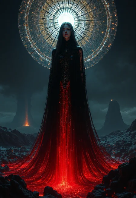 Exiled celestial queen, a vision of sorrow and ethereal beauty. Cowl of darkness shrouds her face, revealing only eyes reflecting the sadness of dying stars, crimson lips whispering a forgotten dream. Gown of data streams flows around her translucent form, glowing circuitry pulsing beneath. Shattered stained glass sky above a black sand planet, fiery tears falling into a crimson pool. A haunting, beautiful symphony of light, shadow, and sorrow.