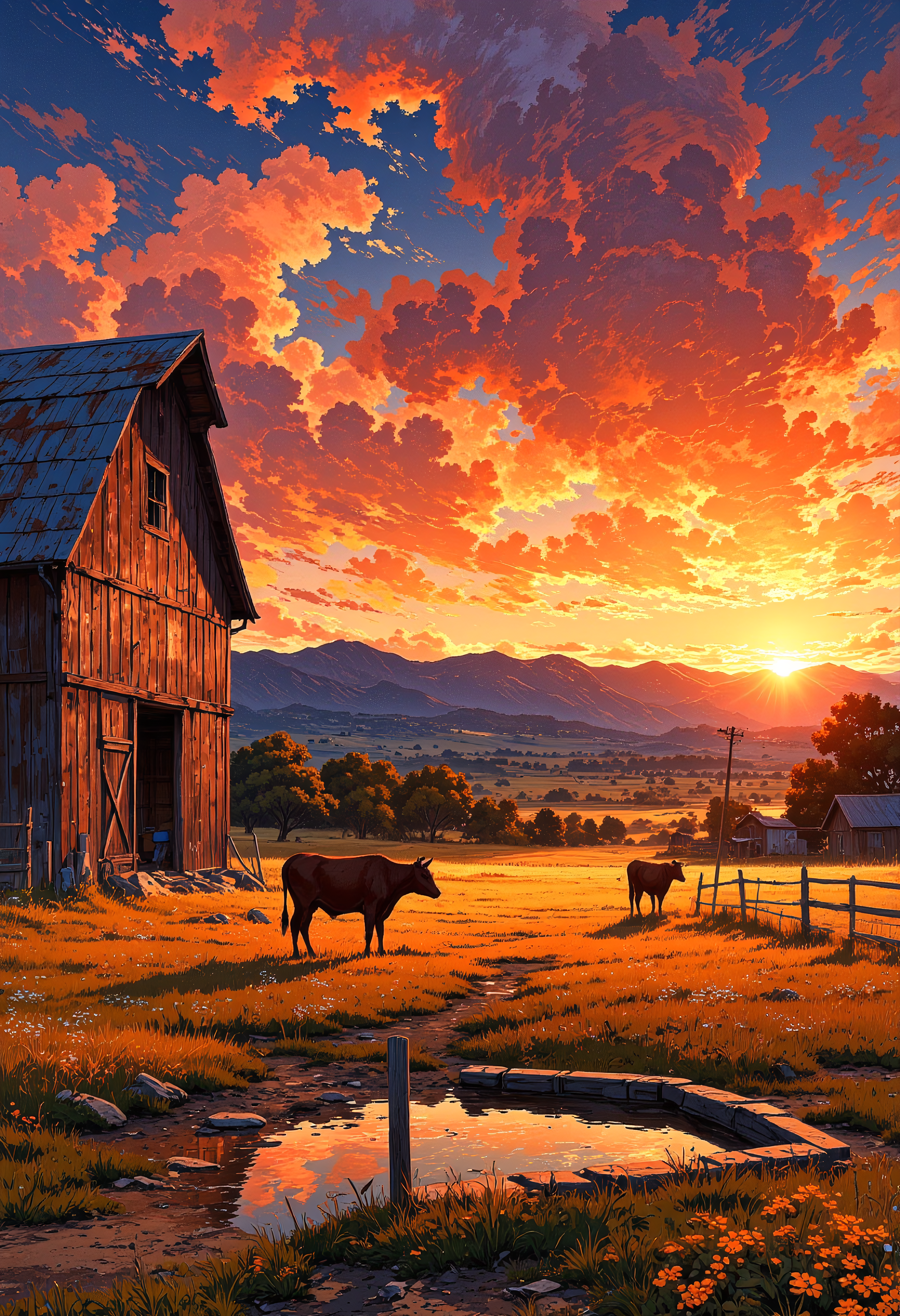 The same ranch in the height of summer, bathed in the golden light of a late evening sunset. The sky is a stunning blend of oranges, reds, and purples, casting long shadows across the dry, golden grass. The barnâs wooden planks glow warmly in the fading light. The cows are scattered across the landscape, some drinking from a small water trough. Dust rises slightly from the dirt path, indicating a warm breeze. The mountains in the distance are deep blue, fading into the horizon.