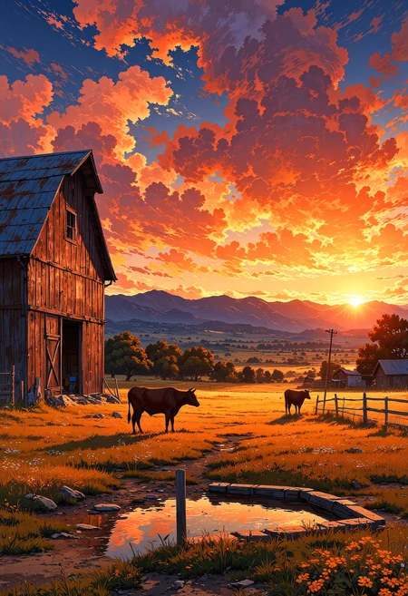 The same ranch in the height of summer, bathed in the golden light of a late evening sunset. The sky is a stunning blend of oranges, reds, and purples, casting long shadows across the dry, golden grass. The barnâs wooden planks glow warmly in the fading light. The cows are scattered across the landscape, some drinking from a small water trough. Dust rises slightly from the dirt path, indicating a warm breeze. The mountains in the distance are deep blue, fading into the horizon.