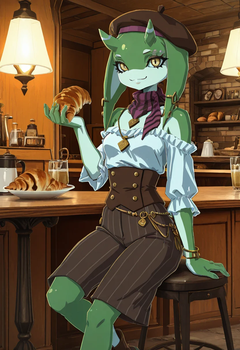 masterpiece, best quality, 1girl, solo, eyelashes, (beautiful eyes), narrow waist, smile,  sitting,   (upper body:1.2),  [French Chic CafÃ©] zzYona, yellow eyes, horns, green skin, 1girl, solo, beret, striped off-shoulder top, high-waisted trousers, ankle boots, silk scarf, minimalist jewelry, croissant, street cafÃ©, soft lighting, French chic aesthetic â zzYona sips espresso at a corner table, a croissant untouched beside her. Her scarf flutters gently in the breeze, horns glinting beneath a stylish beret. The green of her skin contrasts elegantly with soft pastels and warm lamplight. Locals pass by, stealing second glances at her effortless poise.  <lora:YonaZelda_IXL_v1:0.8>,   <lora:CoutureCraze_IXL:0.7>,