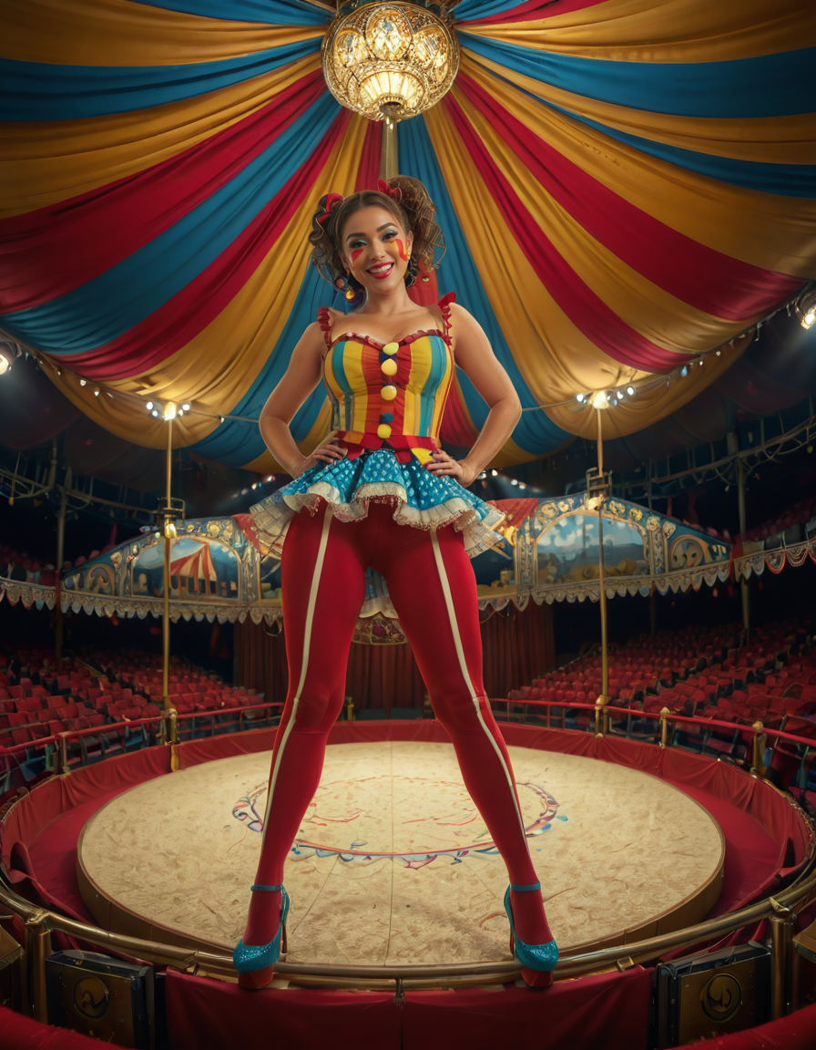 focus on woman face,rating_safe,A vibrant and colorful scene inside a grand circus tent,grand c1rcus, featuring a woman dressed as a whimsical clown. She is wearing an elaborate costume with a mix of bold patternsâred and white stripes, polka dots, and bright yellow accents. Her hair is styled in playful, oversized curls, dyed in shades of blue and pink. She is standing center stage, under a spotlight that casts a warm glow, making her sequined outfit sparkle. Her pose is dynamic and engaging, as if she is about to perform a trick or joke, with a wide, inviting smile. The background showcases the lively atmosphere of the circus, with colorful banners, a large audience in shadowy rows, and hints of other performers or props like juggling pins or unicycles. The overall lighting is bright and cheerful, emphasizing the magical, festive mood of the circus.<lora:SDXLFaeTastic2400:0.4> <lora:extremely_detailed:0.4> extremely detailed, <lora:grand_c1rcus:1>, Masterpiece,best quality,hi res,8k,hi res,8k,award winning,(sharp focus, intricate, highly detailed),