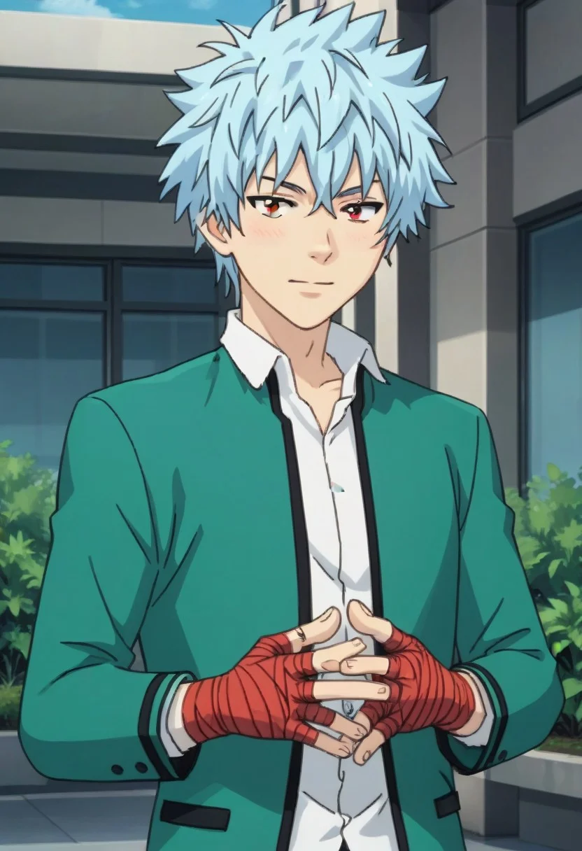 ((masterpiece)), ((best quality)), ((ultra-detailed)), score_9_up, score_8_up, score_7_up,
HD, top quality, best quality, High-quality illustrations, anime screencap, 1boy, 1male, solo male, male focus, Shun Kaidou, light blue hair, red eyes, handsome, attractive, cute, adorable, green blazer uniform, red bandages wrapped around hands, school background