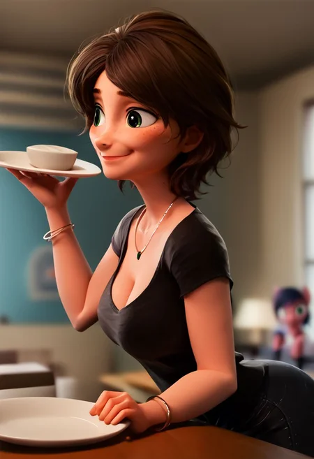 intricate details, score_9, score_8_up, score_7_up, score_6_up, score_5_up, source_anime, <lora:AuntCassBH6Pony1.0:1> auntcass, 1girl, brown hair, short hair, solo, black shirt, blurry background, bent over, taking dishes out of dishwasher, big breasts, side view, turned tward viewer, <lora:OtherStyle_03:0.5>, <lora:The_last_of_us_Style:0.3> <lora:pony_good_hands:1> good_hands, better_hands, 3D, cleavage, green eyes, bracelet, holding plate, smile, necklace, deep cleavage, small mouth
