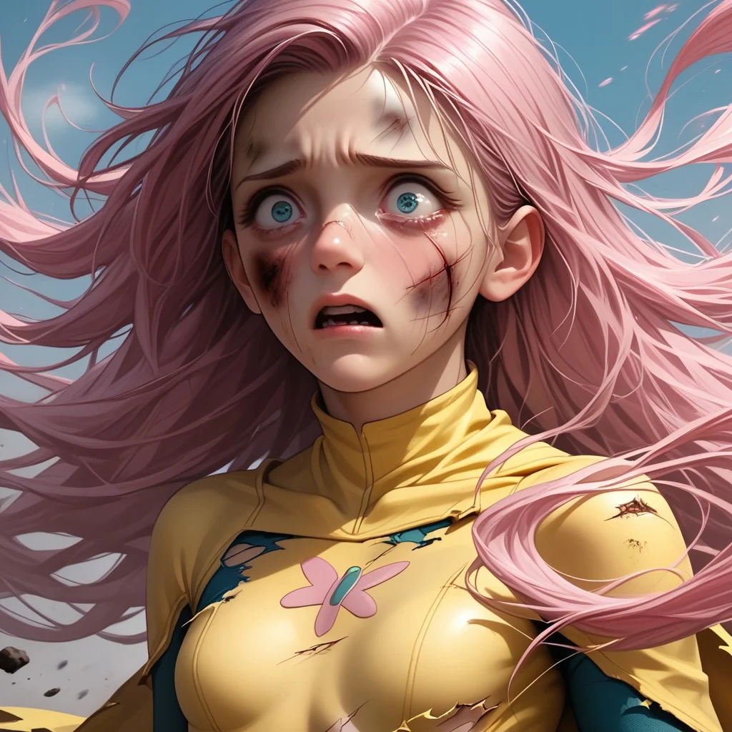 score_9, score_8_up, score_7_up, score_6_up, score_5_up, score_4_up, 1girl, fluttershy, superhero, long hair, torn clothes, cuts and bruises, scared look, wind blowing hair, light pink energy, small breasts, skinny, covered chest