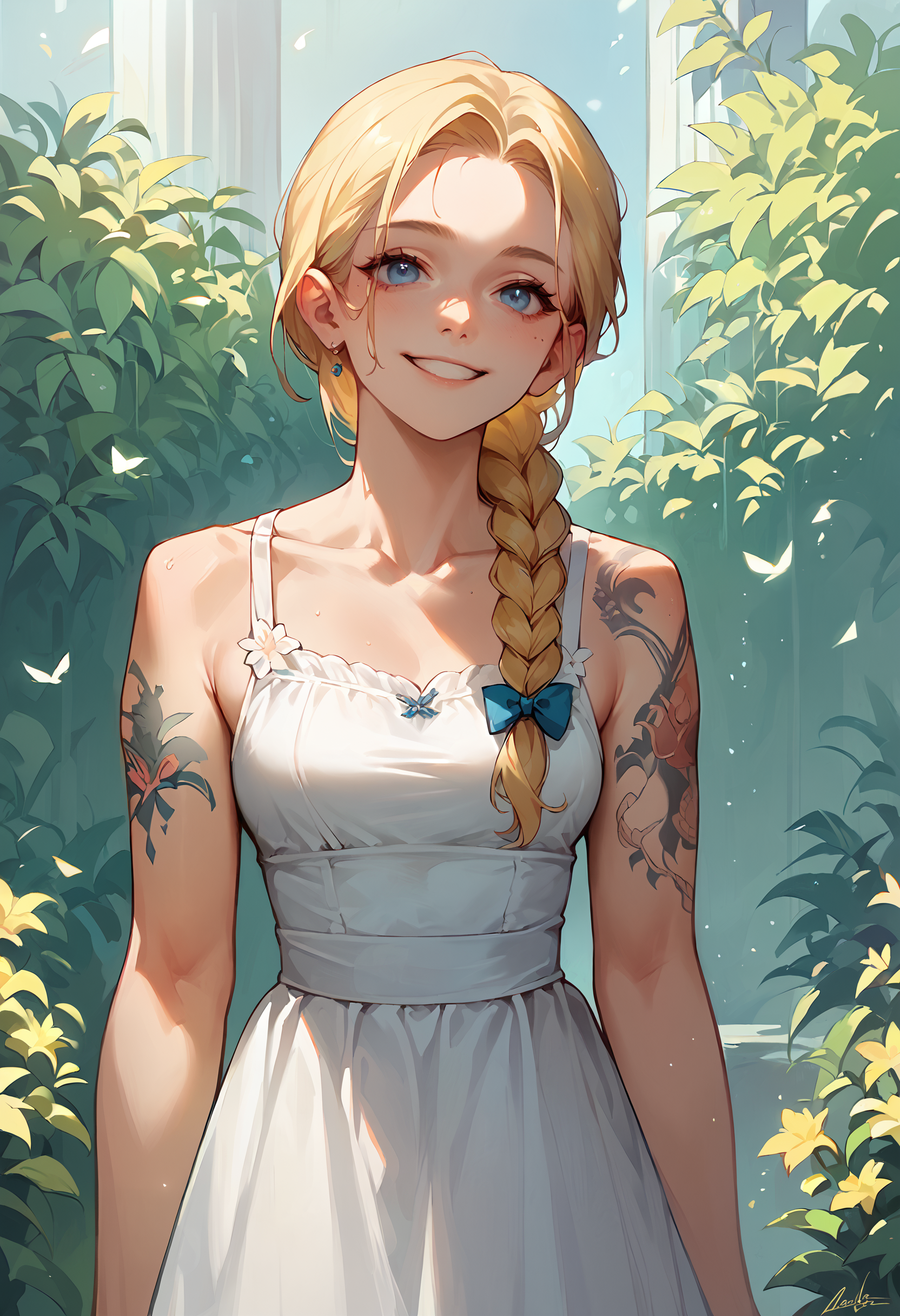 score_9, score_8_up, score_7_up, score_6_up, score_5_up, score_4_up, (masterpiece, best quality, high quality, highres, ultra-detailed), 1girl, cowboy shot, blonde hair, blue eyes, braided ponytail, round face, smile, sundress, tattoo, <lora:pop-e-girlv06:.7>