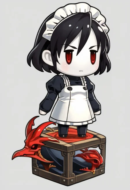 score_9, score_8_up, score_7_up, source_anime, 1girl, solo,
<lora:zs_PictlogicaStyleXL:1> ffpictlogicastyle, chibi, full body, faux figurine, white background
<lora:mary-sh-richy-v1_pdxl:1> mary, red eyes, colored skin, pale skin, black hair, short hair, maid headdress, maid, long sleeves, puffy sleeves, maid apron