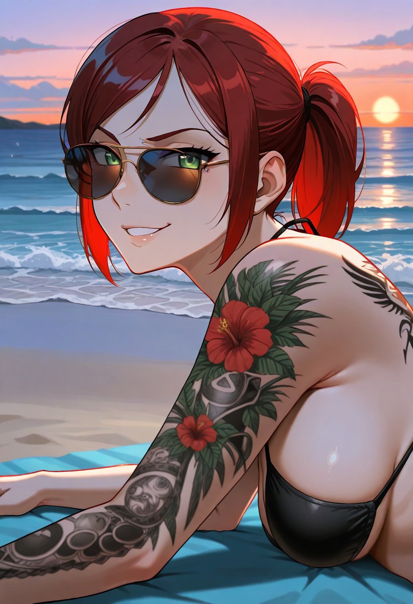 (masterpiece, high quality, amazing detail), 1girl, solo, annettegta, red hair, ponytail, green eyes, tattoo, bikini, closeup, smirk, closeup, outdoors, beach, sunset, on side, lowered her sunglasses, looking at viewer