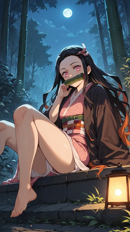 ADDCOMM score_9,score_8_up,score_7_up,score_6_up, source_anime, zPDXL3, <lora:xl_more_art-full_v1:0.5>, girl, dynamic pose, sunbathing, <lora:Nezuko Kamado - Pony-000004:0.8>, aNezuko, long hair, black hair, pink eyes, bit gag, bamboo gag, pink kimono, black coat, night time, moonlight, darkness, forest, dark forest,