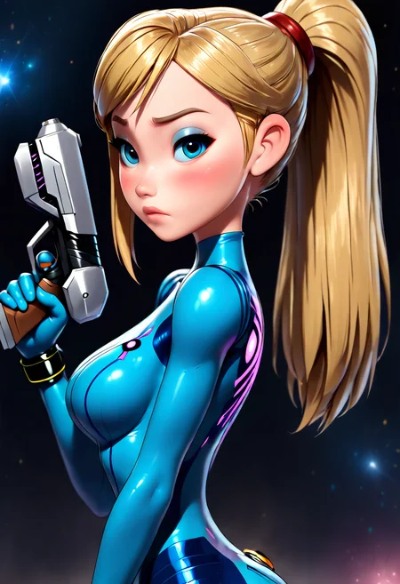 masterpiece, best quality, medium breasts, (curvy), cute, eyelashes, samus, solo, blonde hair, bodysuit, blue clothes, blue pants, (upper body:1.1), looking at viewer, side view, (gun up), outer space, makeup, night, eyeshadow, pink lips, blush, bokeh, luminescent background, (3d:1.3), ,<lora:C3CitronNAI:1.3>,